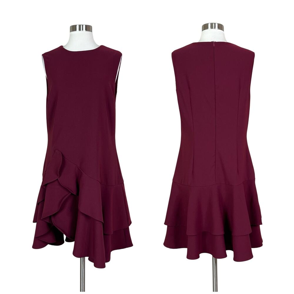 Commense | Burgundy Asymmetrical Ruffle Hem Sleeveless Minimal Mini Dress XL - Picture 9 of 9